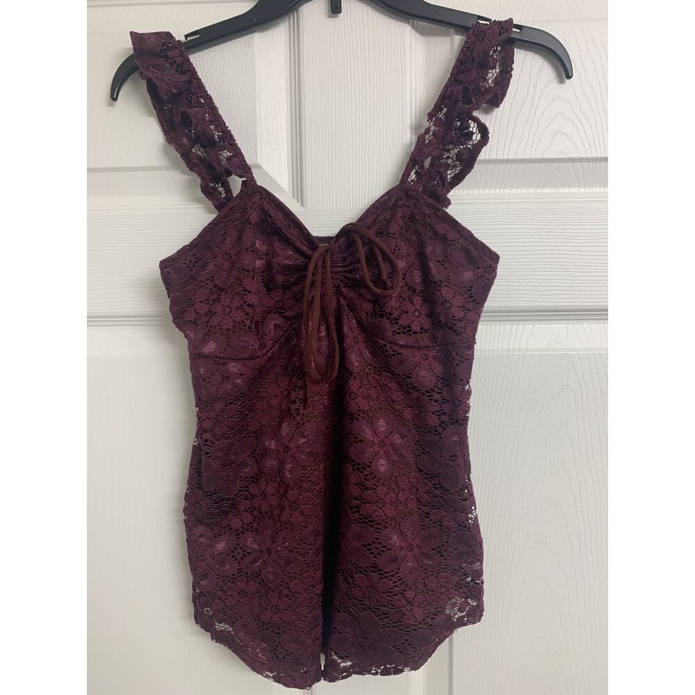 No Boundaries M (7-9)‎ Girls Burgundy Lace Babydoll Top Cottagecore Y2K